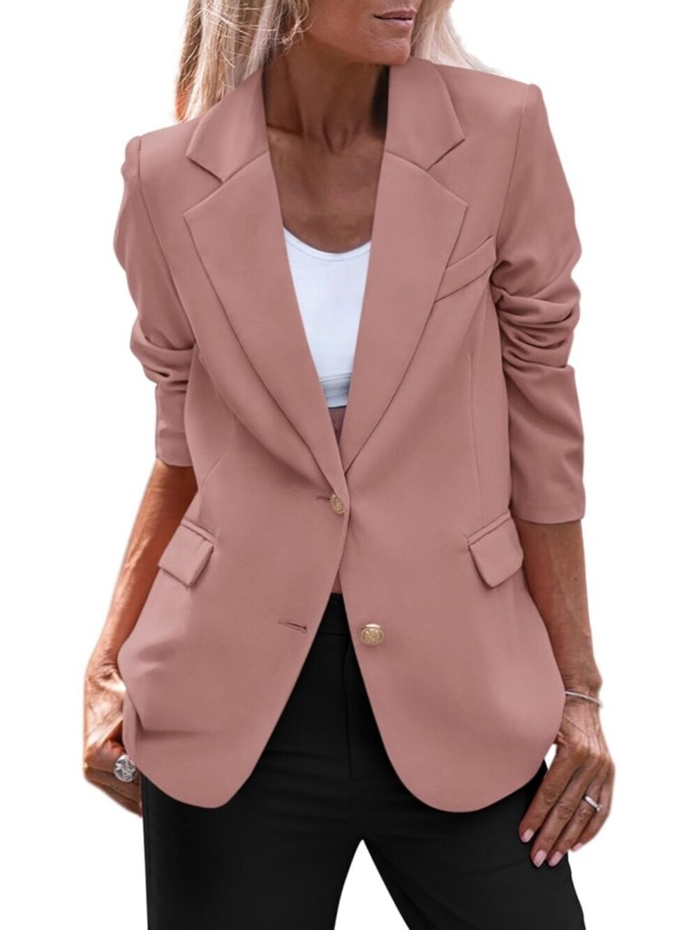 Women's Pink Fall Business Casual Blazers Long Sleeve Notch Lapel Trendy Work